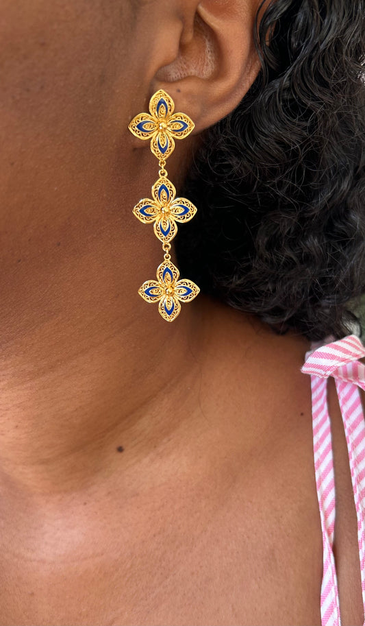Boucle d’oreille trois fleurs bleues